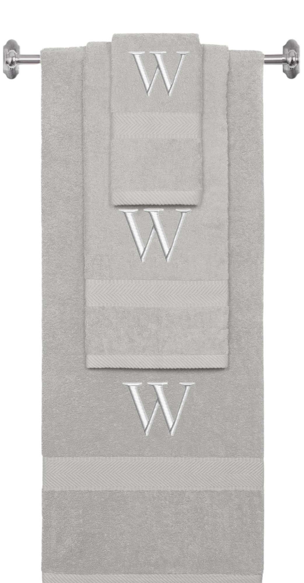 Silver monogrammed towel set with Silver thread, Times New Roman font, initial W - 540 GSM cotton 3-piece