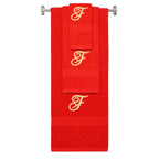 Red monogrammed towel set with Gold thread, Diana Script font, initial F - 540 GSM cotton 3-piece