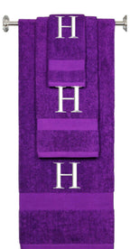 Purple monogrammed towel set with White thread, Times New Roman font, initial H - 540 GSM cotton 3-piece