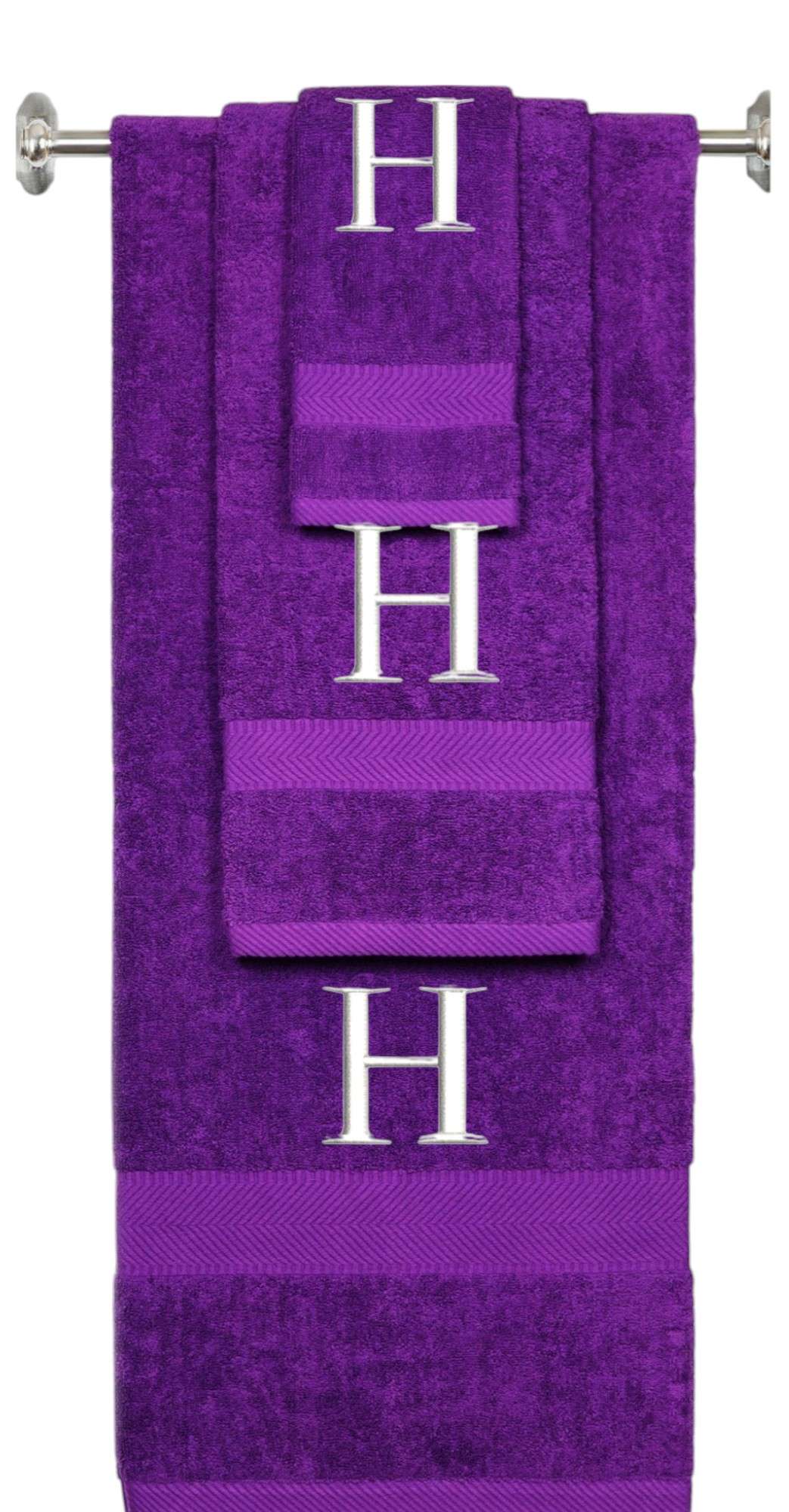 Purple monogrammed towel set with White thread, Times New Roman font, initial H - 540 GSM cotton 3-piece