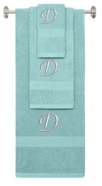 Nautical Teal monogrammed towel set with Silver thread, Chancery font, initial D - 540 GSM cotton 3-piece
