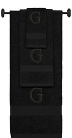 Black monogrammed towel set with Black thread, Times New Roman font, initial G - 540 GSM cotton 3-piece