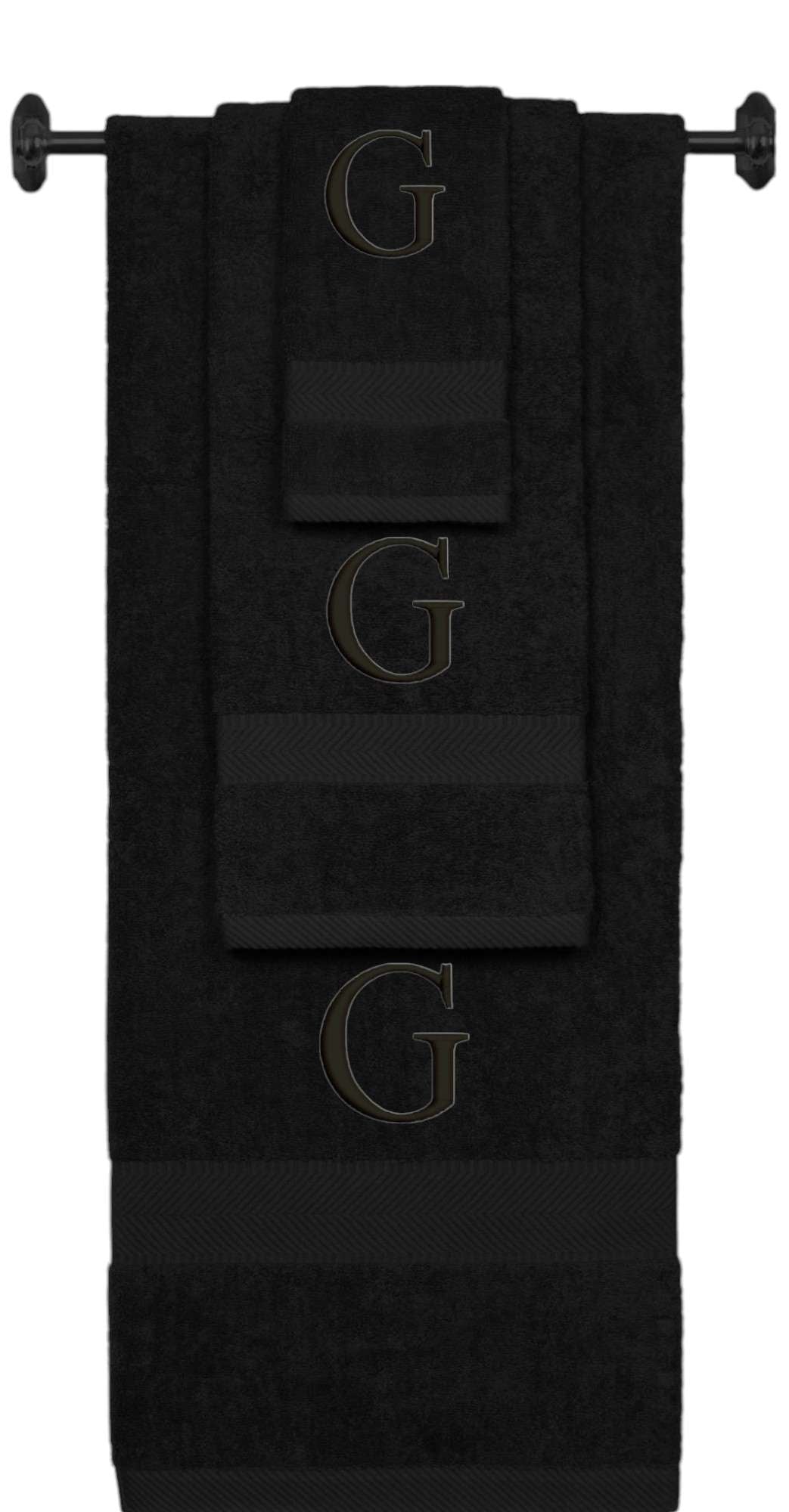 Black monogrammed towel set with Black thread, Times New Roman font, initial G - 540 GSM cotton 3-piece