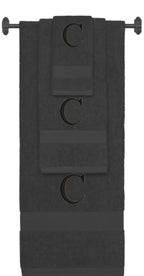 Charcoal monogrammed towel set with Black thread, Times New Roman font, initial C - 540 GSM cotton 3-piece