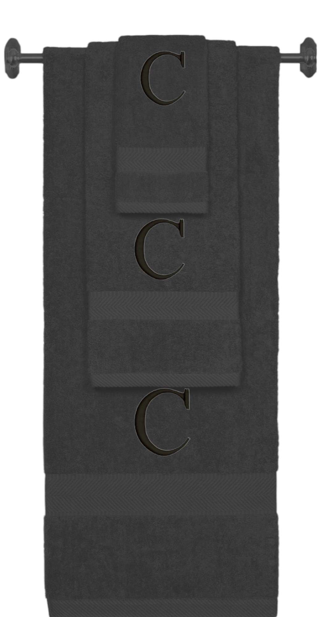 Charcoal monogrammed towel set with Black thread, Times New Roman font, initial C - 540 GSM cotton 3-piece