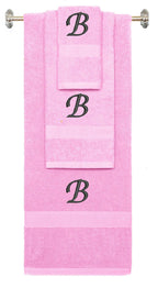 Pink monogrammed towel set with Black thread, Chancery font, initial B - 540 GSM cotton 3-piece