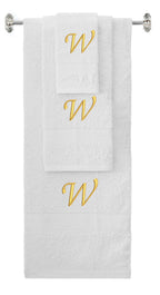 White monogrammed towel set with Gold thread, Chancery font, initial W - 540 GSM cotton 3-piece