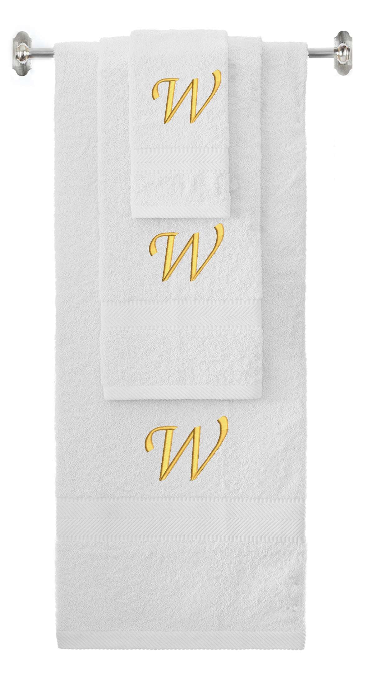 White monogrammed towel set with Gold thread, Chancery font, initial W - 540 GSM cotton 3-piece