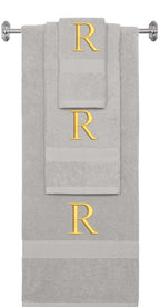 Silver monogrammed towel set with Gold thread, Times New Roman font, initial R - 540 GSM cotton 3-piece
