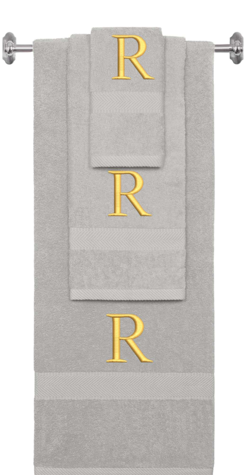 Silver monogrammed towel set with Gold thread, Times New Roman font, initial R - 540 GSM cotton 3-piece