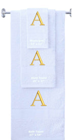 White monogrammed towel set with Gold thread, Times New Roman font, initial A - 540 GSM cotton 3-piece