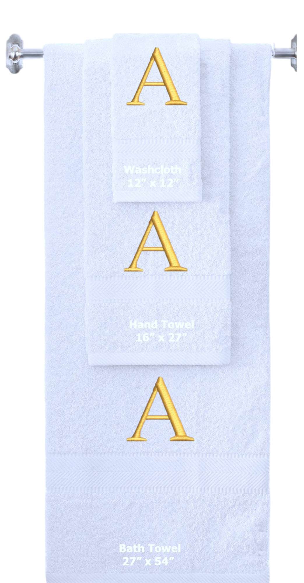 White monogrammed towel set with Gold thread, Times New Roman font, initial A - 540 GSM cotton 3-piece