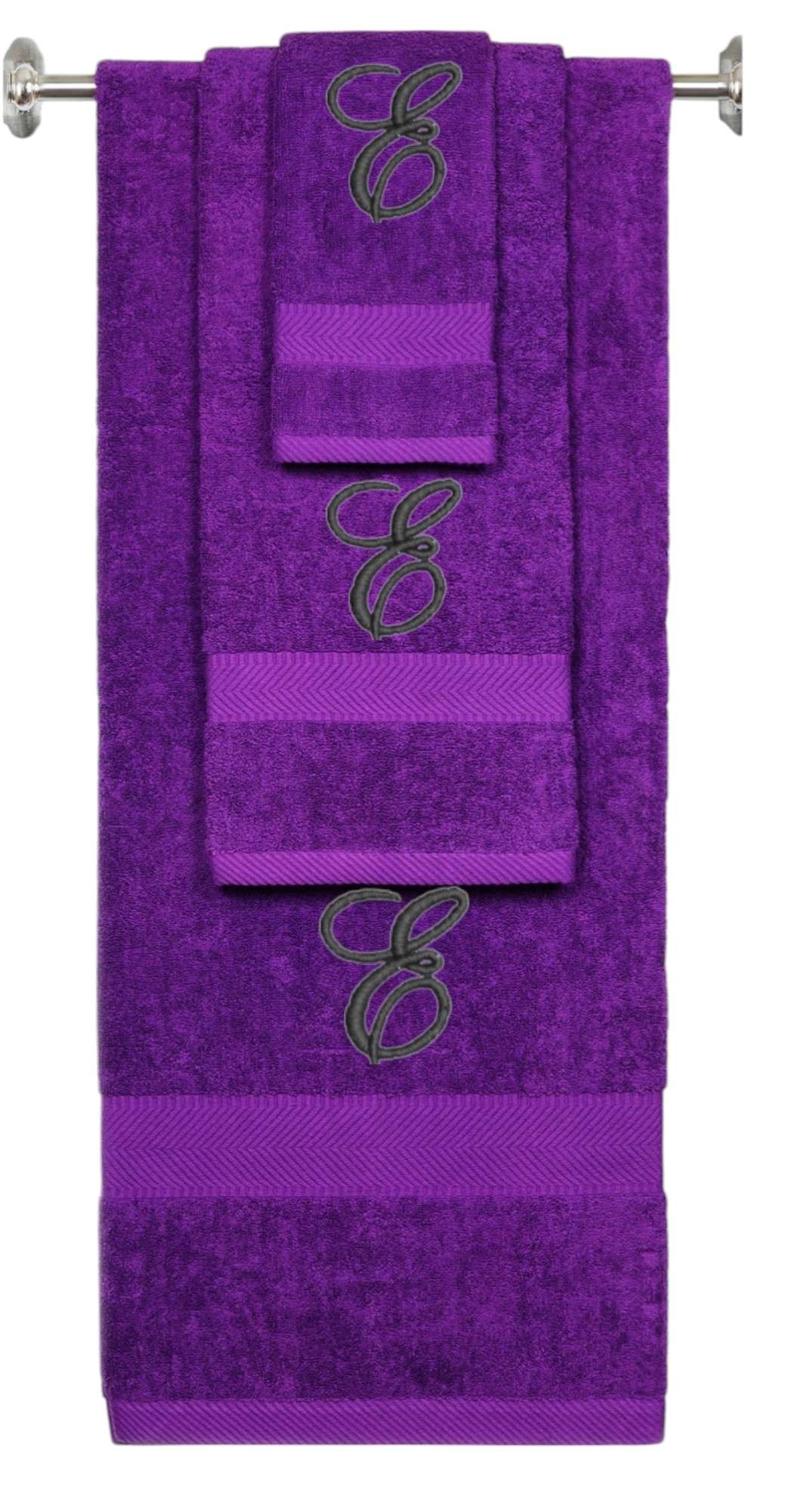 Purple monogrammed towel set with Black thread, Diana Script font, initial E - 540 GSM cotton 3-piece