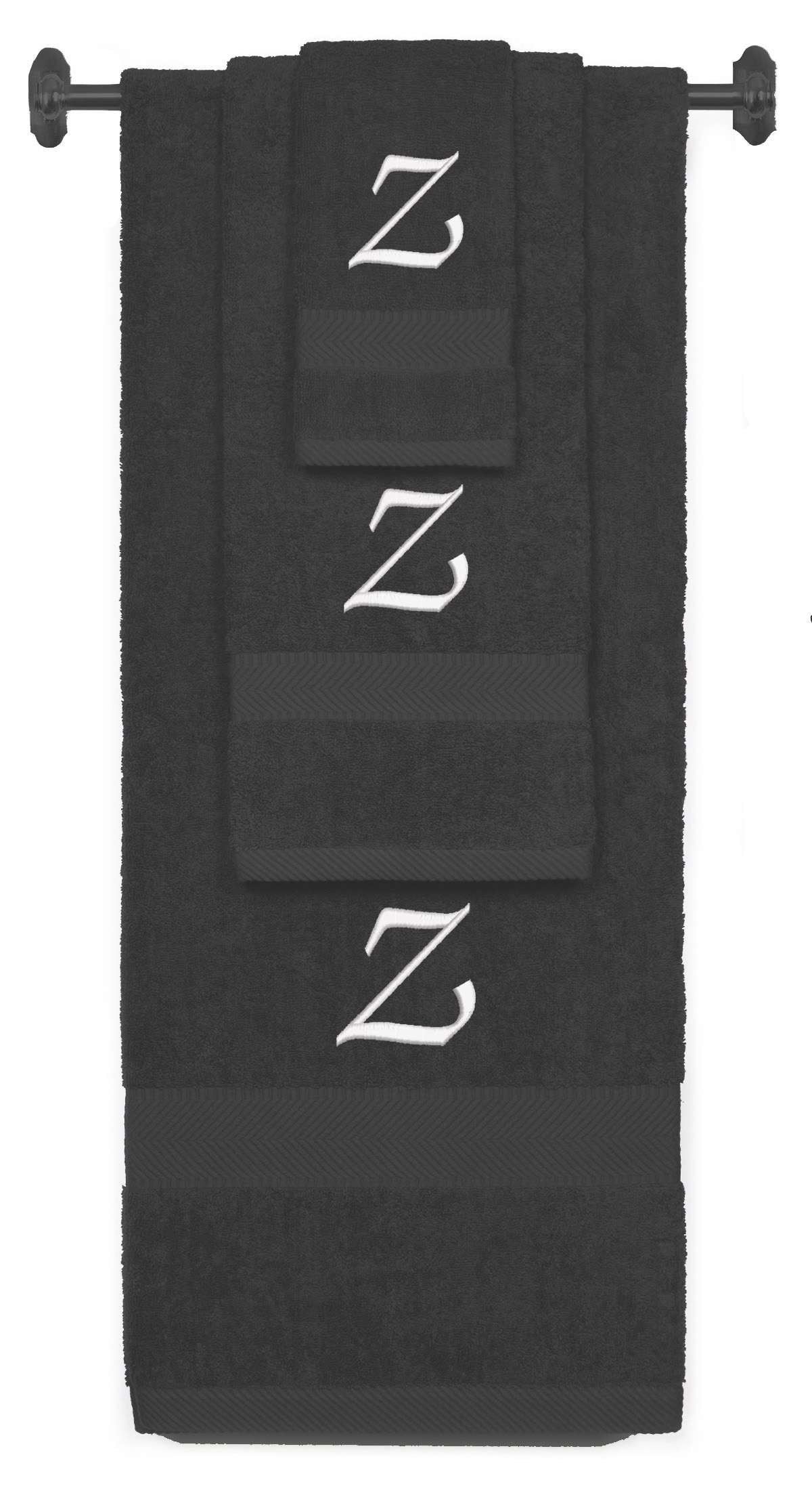 Charcoal monogrammed towel set with White thread, Chancery font, initial Z - 540 GSM cotton 3-piece