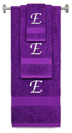 Purple monogrammed towel set with White thread, Chancery font, initial E - 540 GSM cotton 3-piece