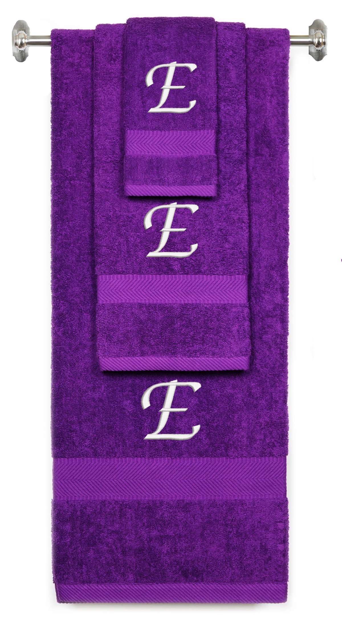 Purple monogrammed towel set with White thread, Chancery font, initial E - 540 GSM cotton 3-piece