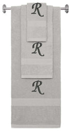 Silver monogrammed towel set with Black thread, Chancery font, initial R - 540 GSM cotton 3-piece