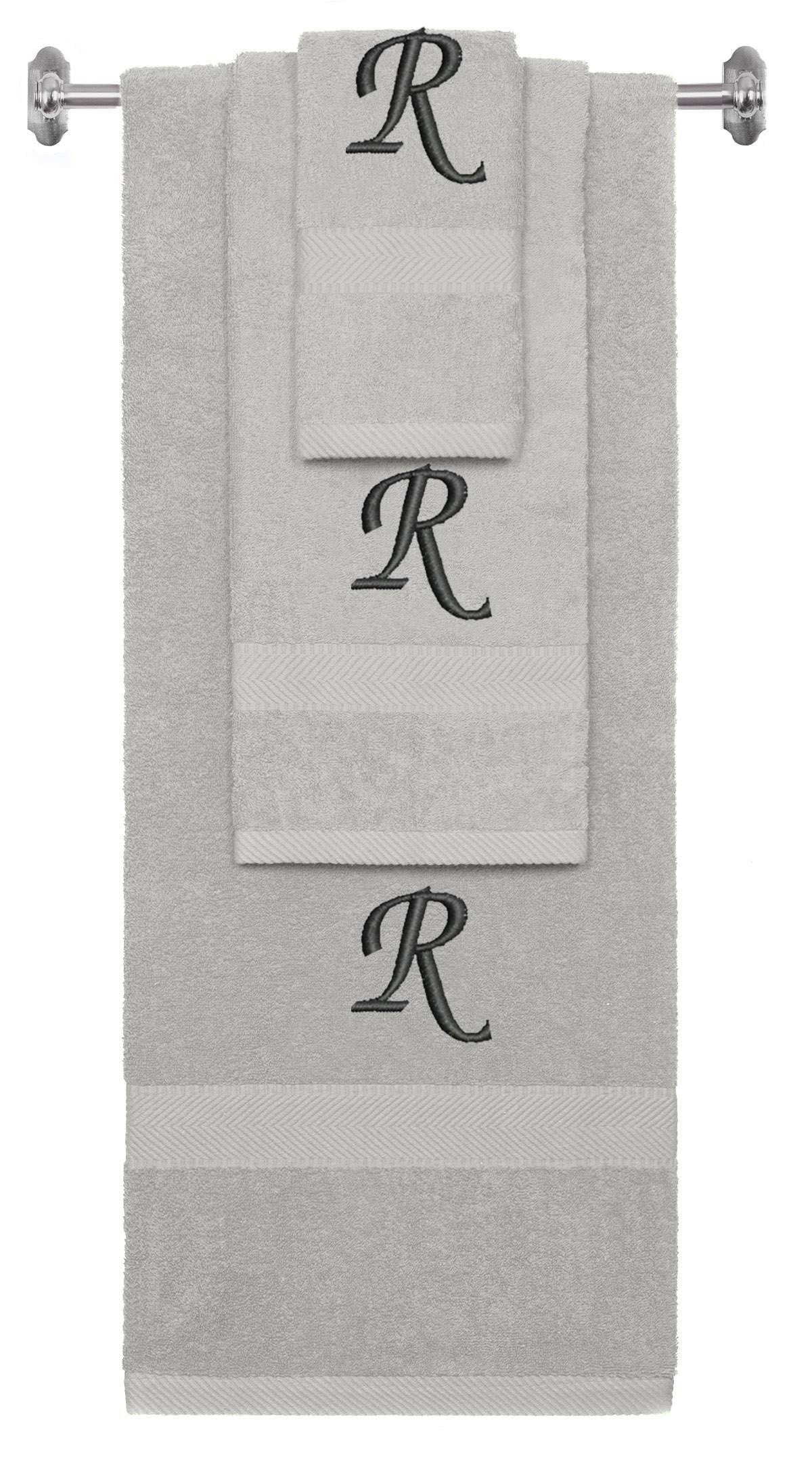 Silver monogrammed towel set with Black thread, Chancery font, initial R - 540 GSM cotton 3-piece