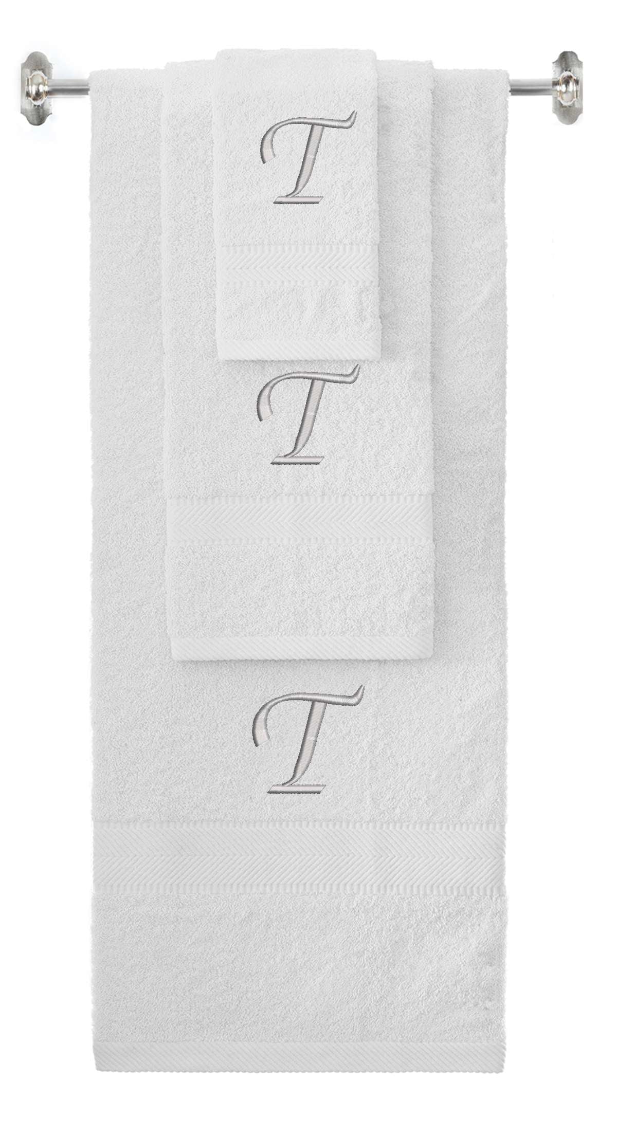 White monogrammed towel set with Silver thread, Chancery font, initial T - 540 GSM cotton 3-piece