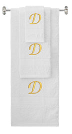 White monogrammed towel set with Gold thread, Chancery font, initial D - 540 GSM cotton 3-piece