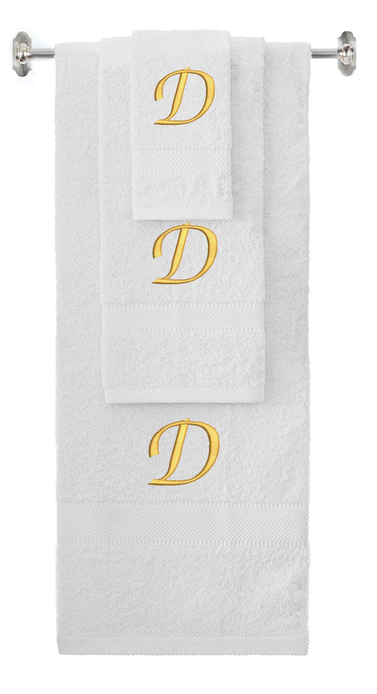 White monogrammed towel set with Gold thread, Chancery font, initial D - 540 GSM cotton 3-piece
