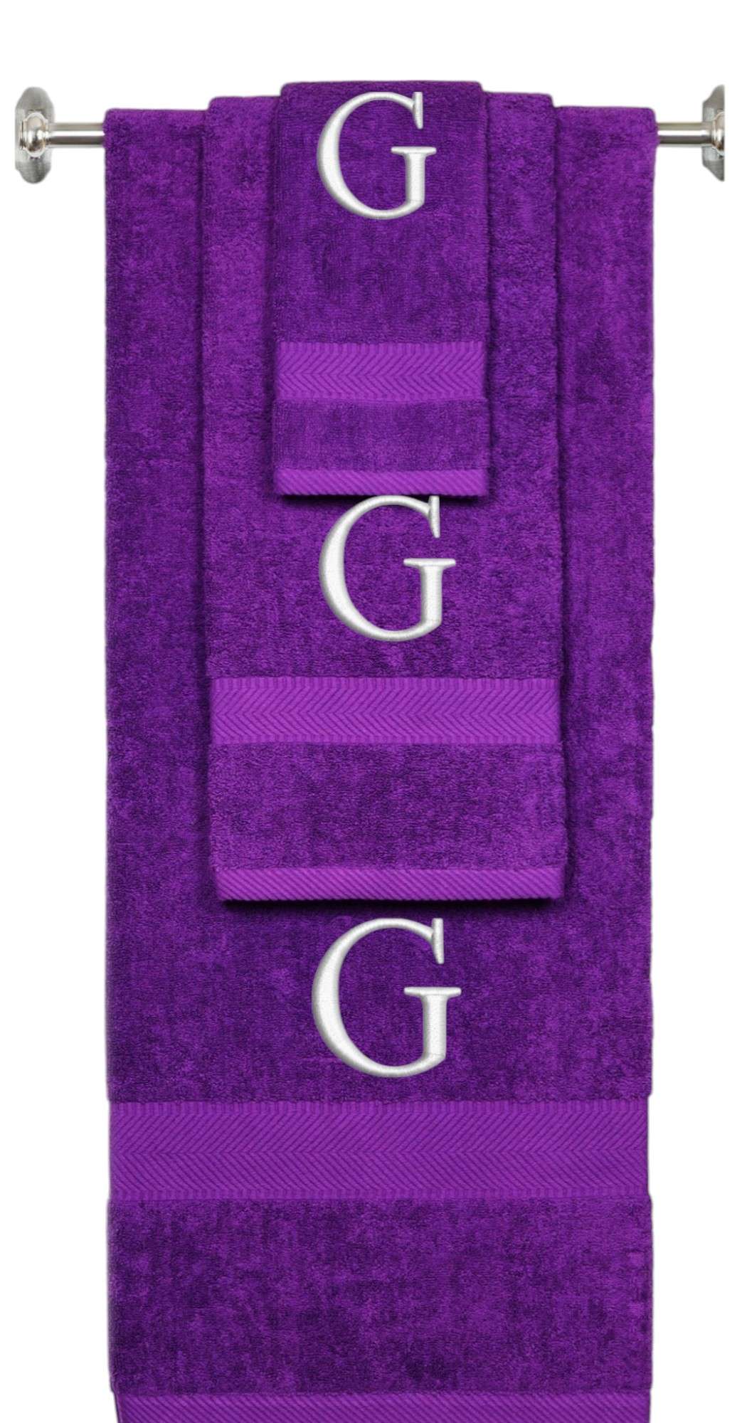 Purple monogrammed towel set with Silver thread, Times New Roman font, initial G - 540 GSM cotton 3-piece