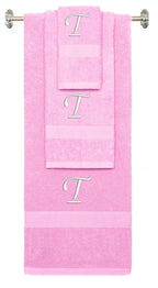 Pink monogrammed towel set with White thread, Chancery font, initial T - 540 GSM cotton 3-piece