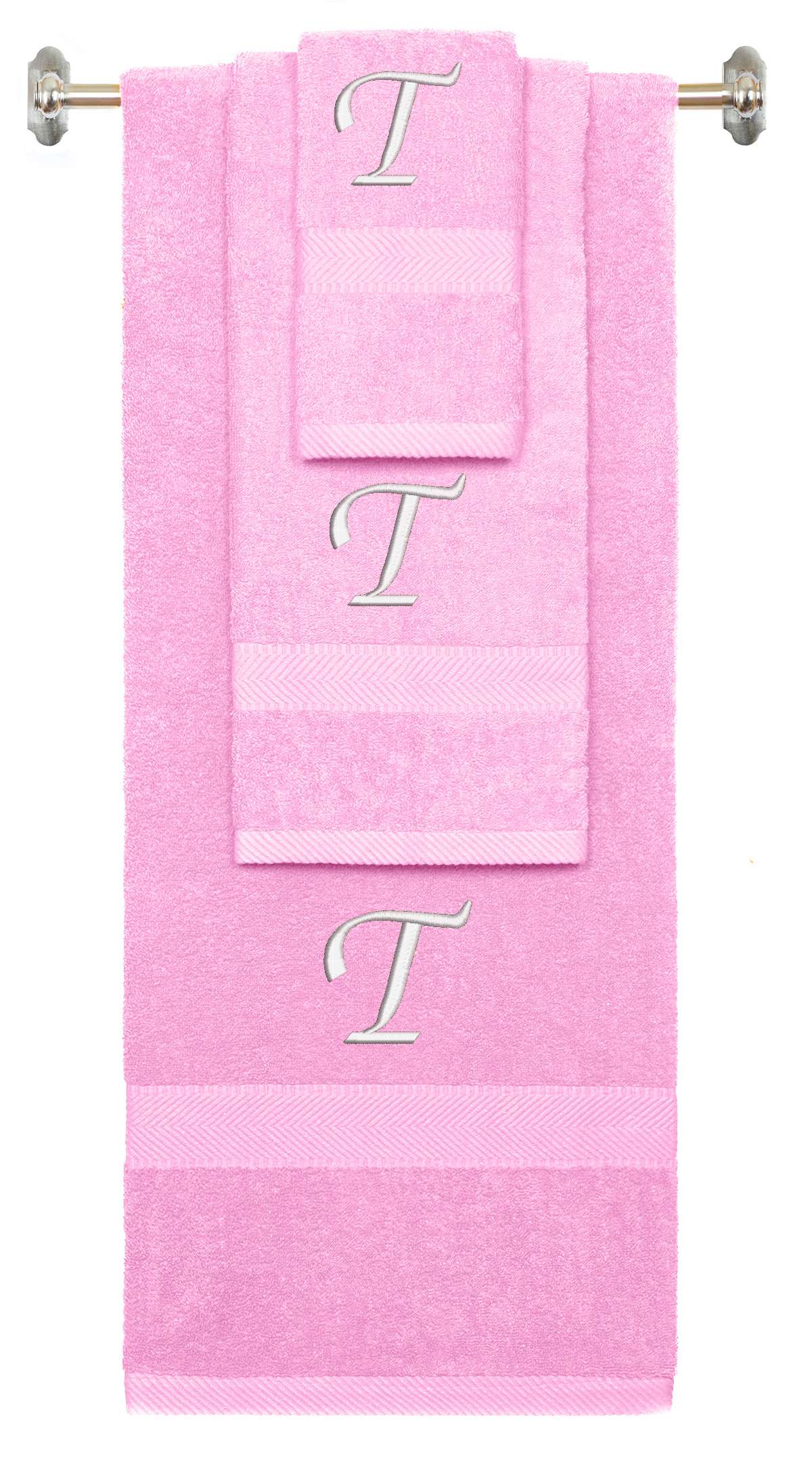 Pink monogrammed towel set with White thread, Chancery font, initial T - 540 GSM cotton 3-piece