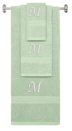 Mint Green monogrammed towel set with White thread, Chancery font, initial M - 540 GSM cotton 3-piece