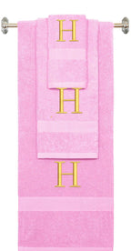 Pink monogrammed towel set with Silver thread, Times New Roman font, initial H - 540 GSM cotton 3-piece