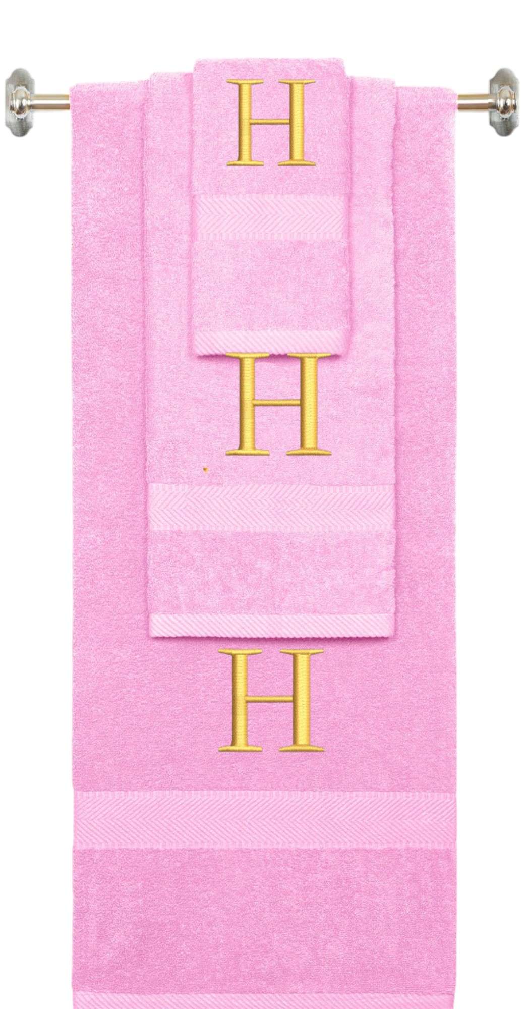 Pink monogrammed towel set with Silver thread, Times New Roman font, initial H - 540 GSM cotton 3-piece