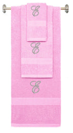 Pink monogrammed towel set with Silver thread, Diana Script font, initial E - 540 GSM cotton 3-piece