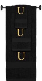 Black monogrammed towel set with Gold thread, Times New Roman font, initial U - 540 GSM cotton 3-piece