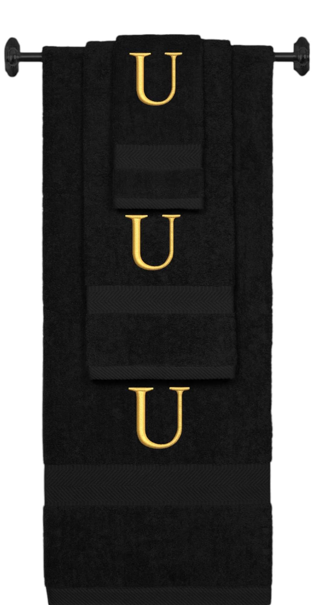Black monogrammed towel set with Gold thread, Times New Roman font, initial U - 540 GSM cotton 3-piece