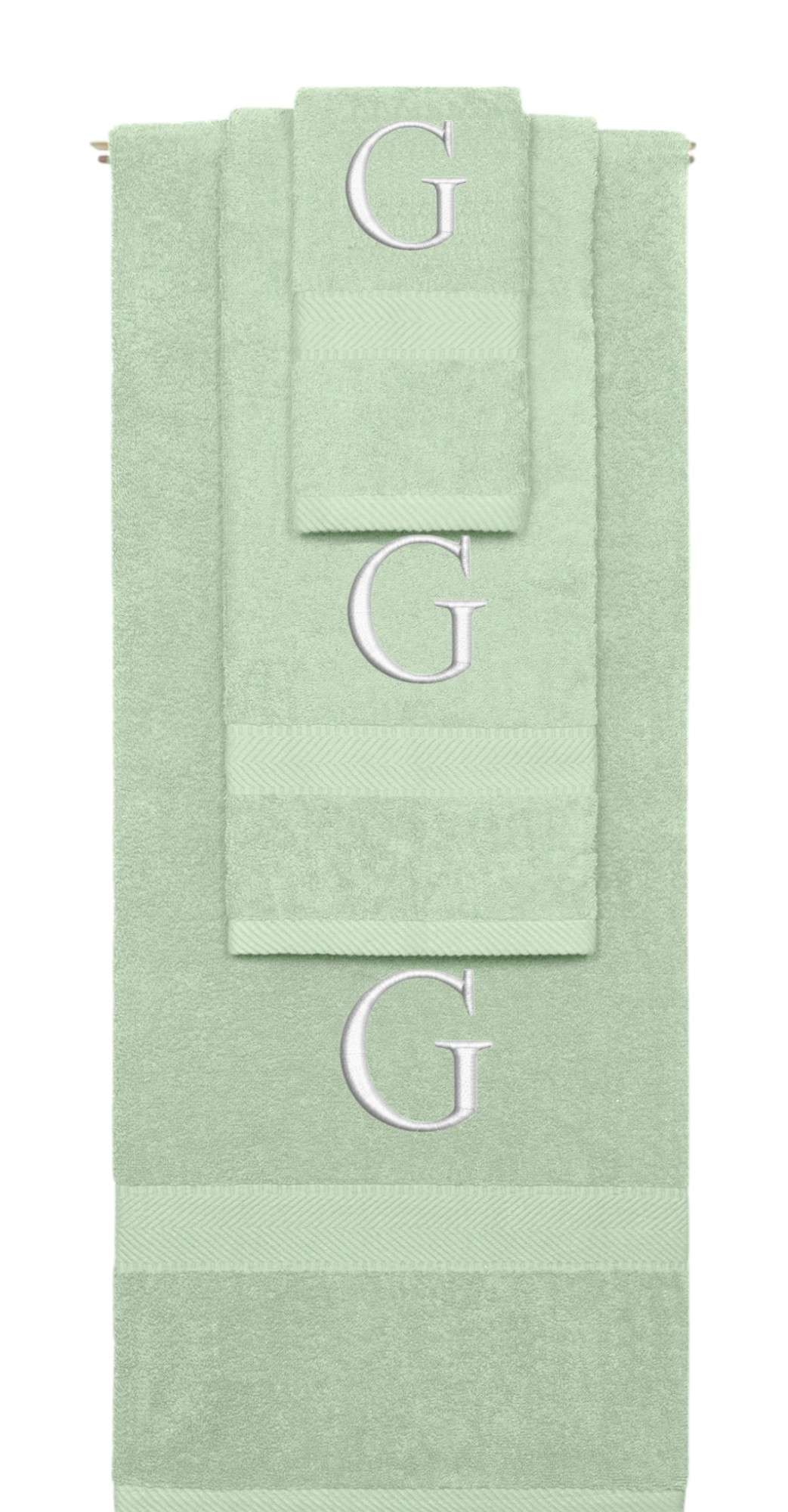 Mint Green monogrammed towel set with Silver thread, Times New Roman font, initial G - 540 GSM cotton 3-piece