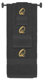 Charcoal monogrammed towel set with Gold thread, Diana Script font, initial Q - 540 GSM cotton 3-piece