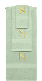 Mint Green monogrammed towel set with Gold thread, Times New Roman font, initial N - 540 GSM cotton 3-piece