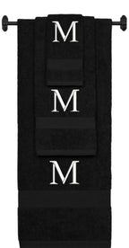 Black monogrammed towel set with White thread, Times New Roman font, initial M - 540 GSM cotton 3-piece