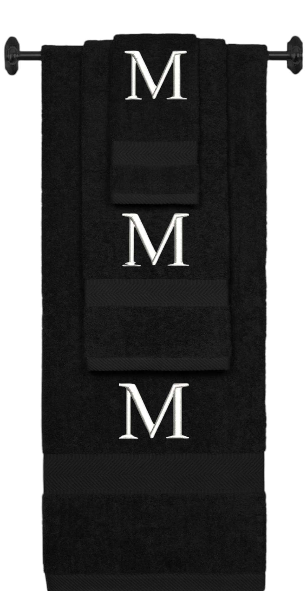 Black monogrammed towel set with White thread, Times New Roman font, initial M - 540 GSM cotton 3-piece