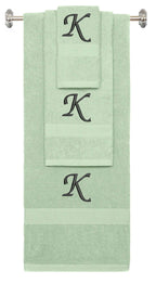 Mint Green monogrammed towel set with Black thread, Chancery font, initial K - 540 GSM cotton 3-piece