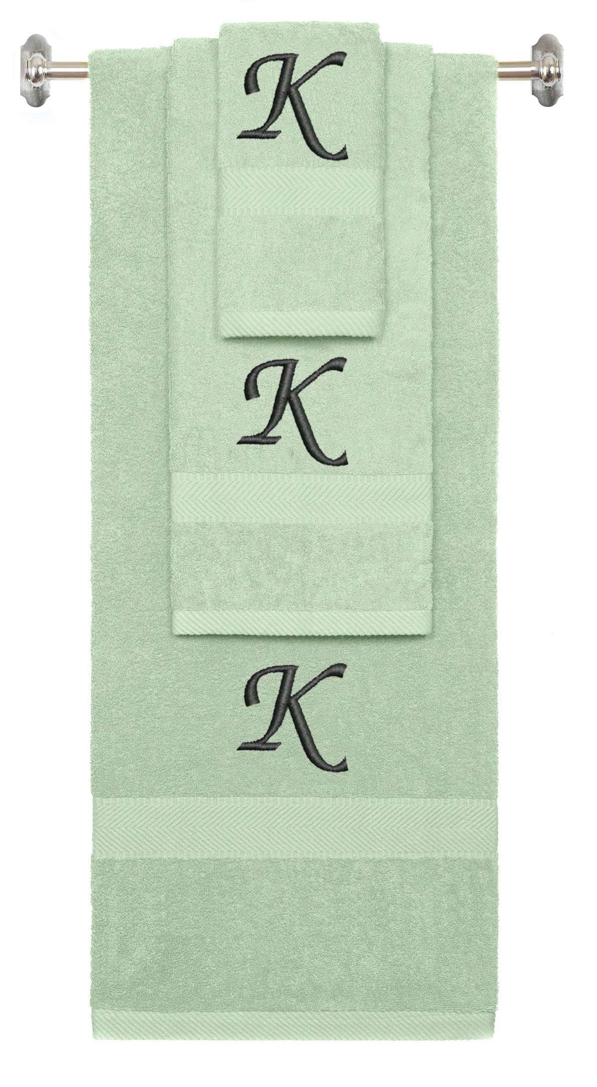 Mint Green monogrammed towel set with Black thread, Chancery font, initial K - 540 GSM cotton 3-piece