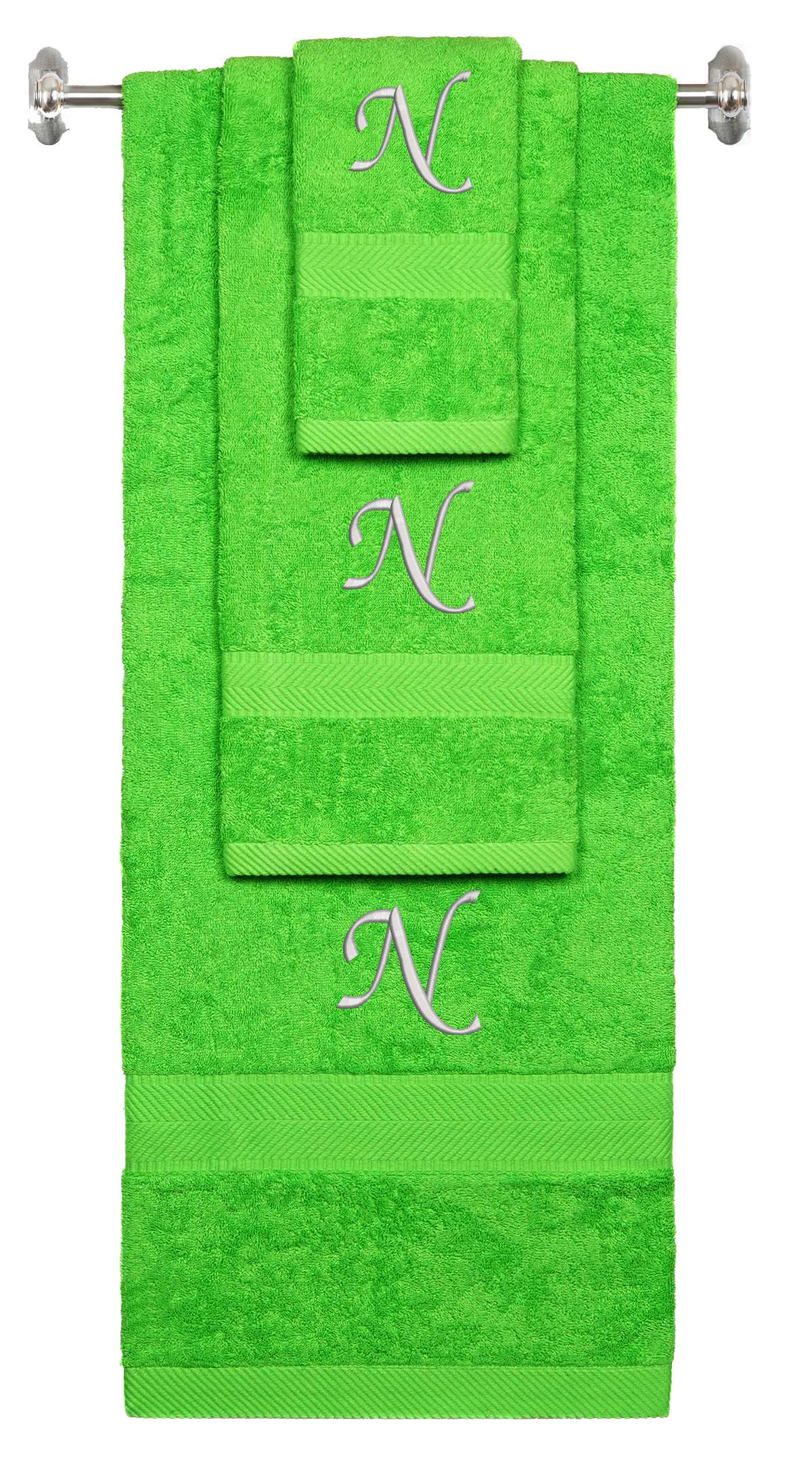 Lime monogrammed towel set with Silver thread, Chancery font, initial N - 540 GSM cotton 3-piece