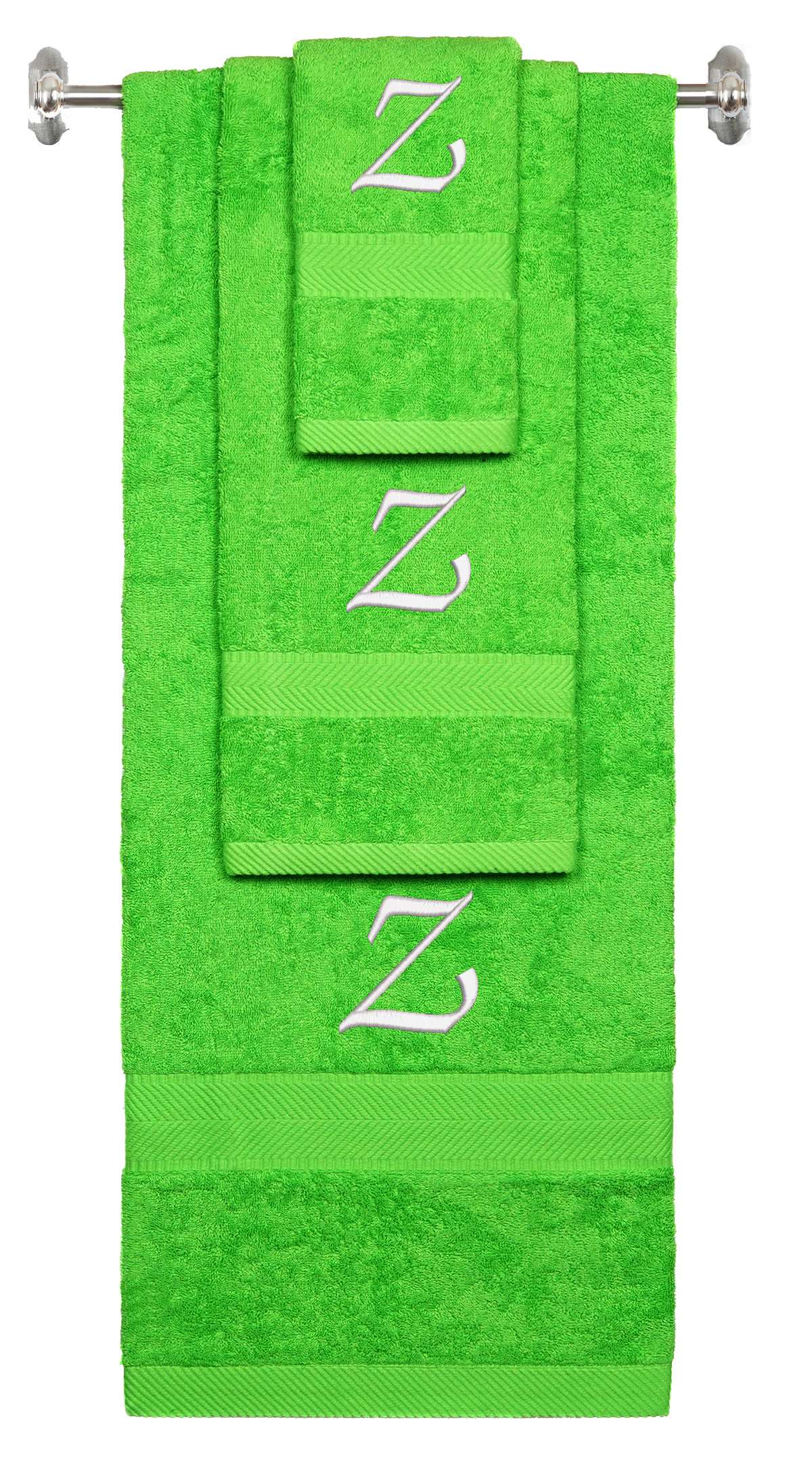 Lime monogrammed towel set with White thread, Chancery font, initial Z - 540 GSM cotton 3-piece