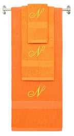 Orange monogrammed towel set with Gold thread, Diana Script font, initial N - 540 GSM cotton 3-piece