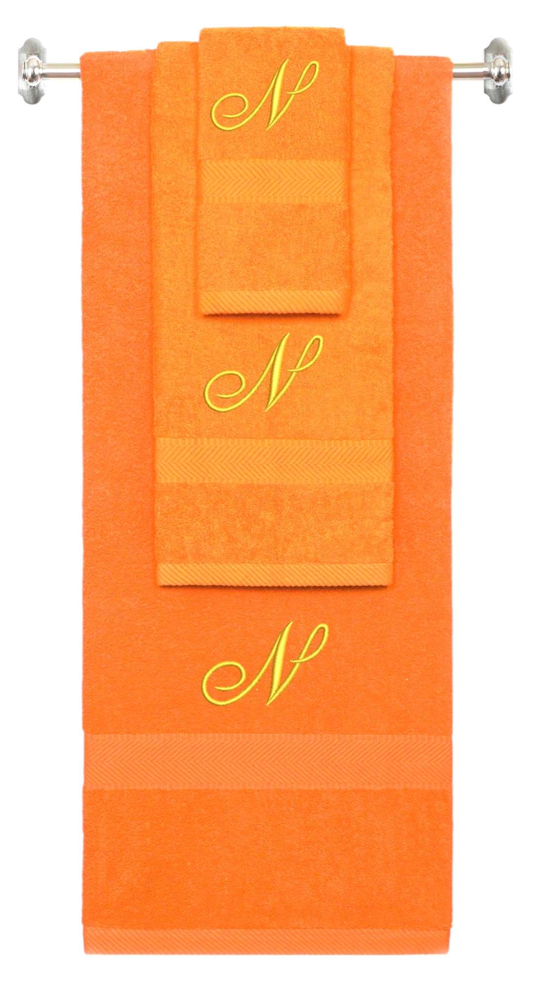 Orange monogrammed towel set with Gold thread, Diana Script font, initial N - 540 GSM cotton 3-piece
