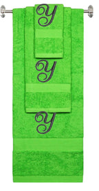Lime monogrammed towel set with Black thread, Diana Script font, initial Y - 540 GSM cotton 3-piece