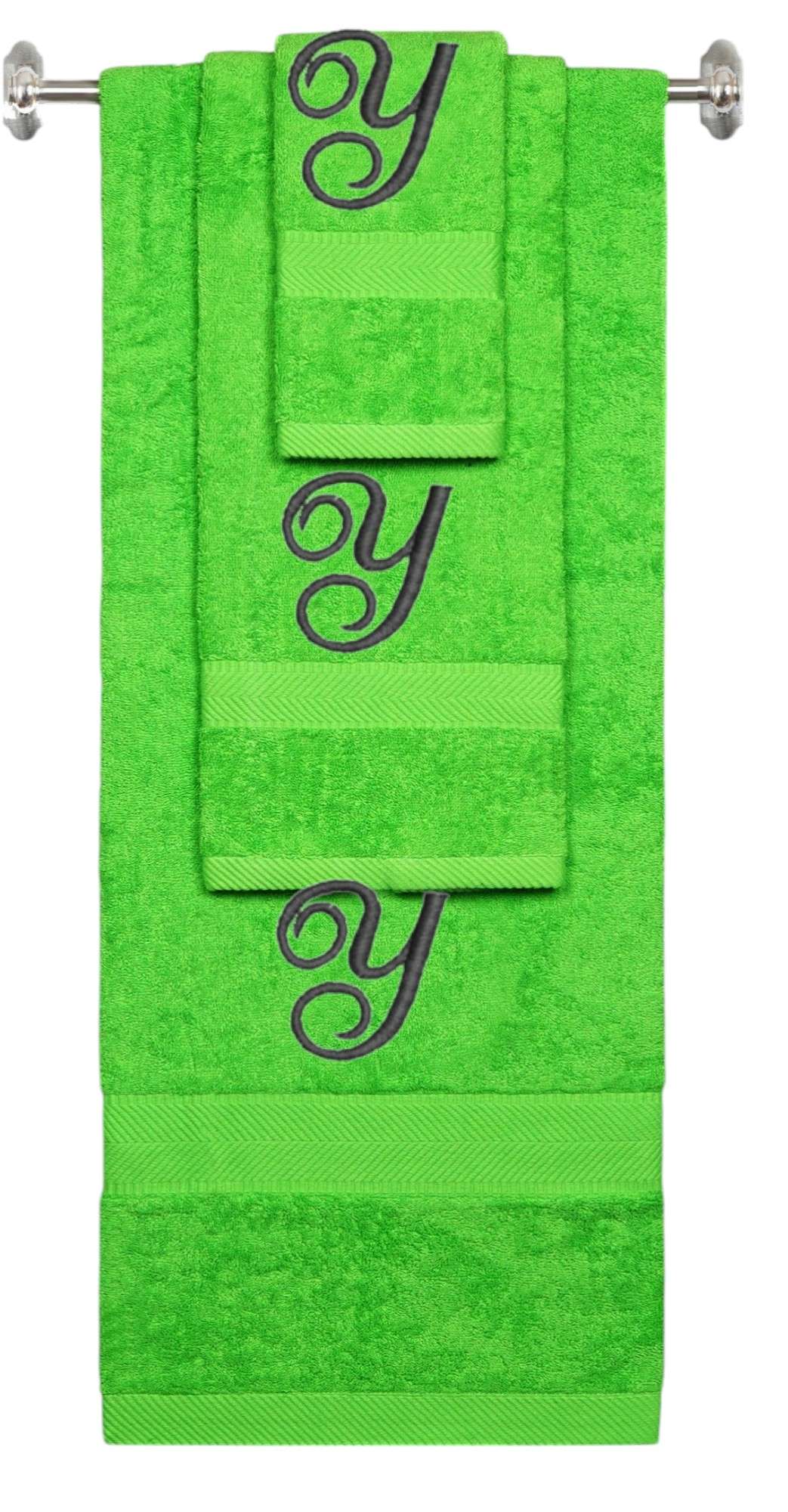 Lime monogrammed towel set with Black thread, Diana Script font, initial Y - 540 GSM cotton 3-piece