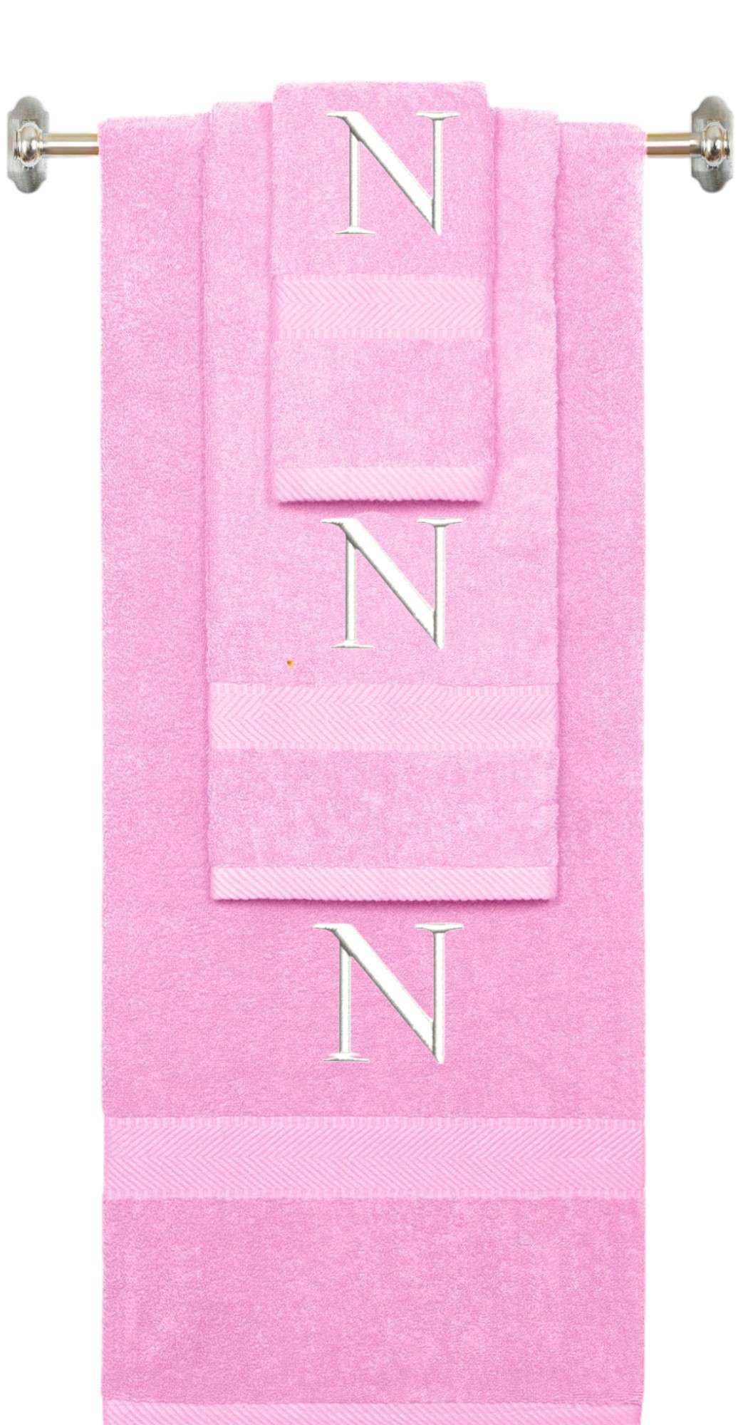 Purple monogrammed towel set with Black thread, Times New Roman font, initial N - 540 GSM cotton 3-piece