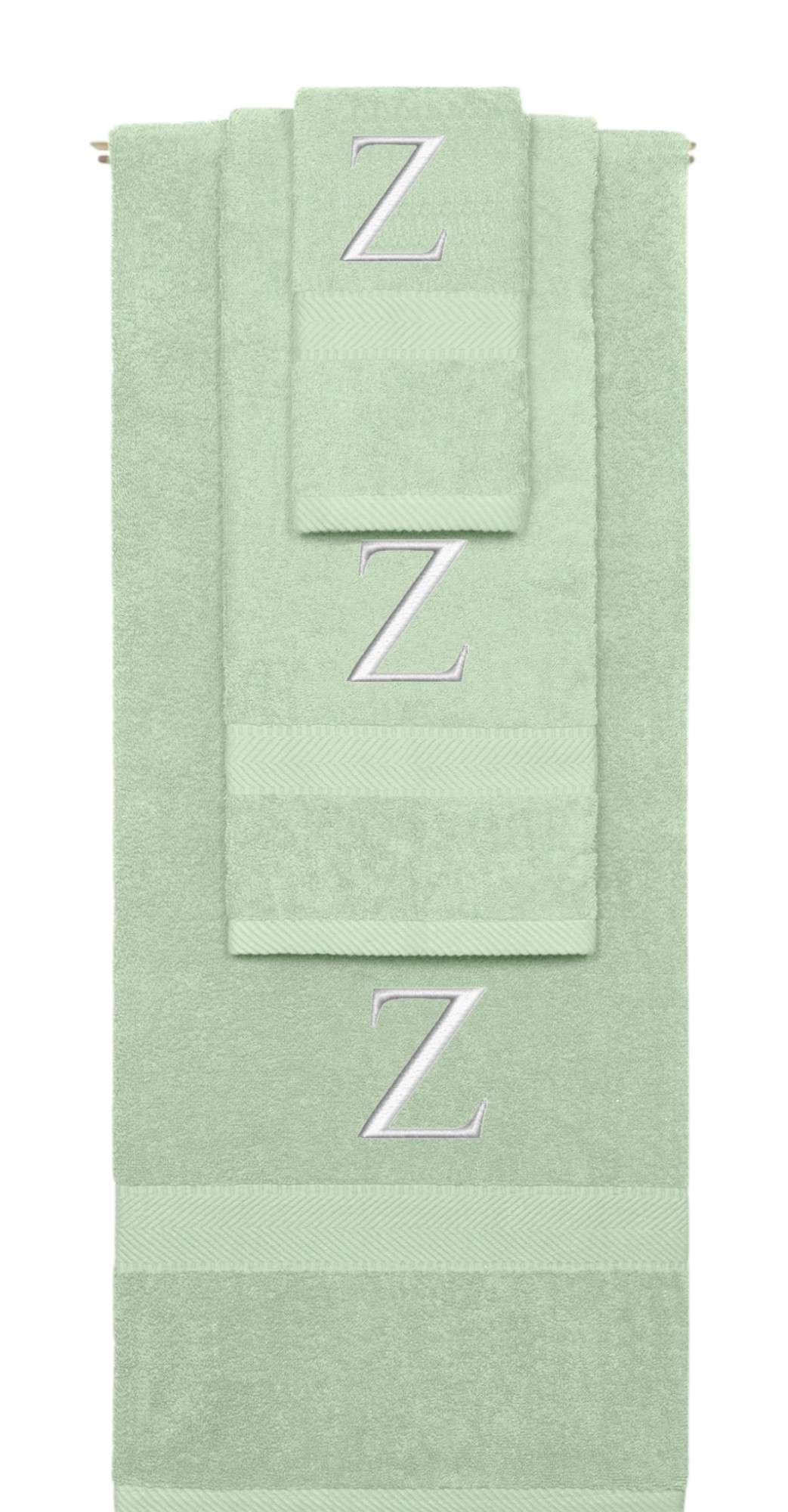 Mint Green monogrammed towel set with Silver thread, Times New Roman font, initial Z - 540 GSM cotton 3-piece