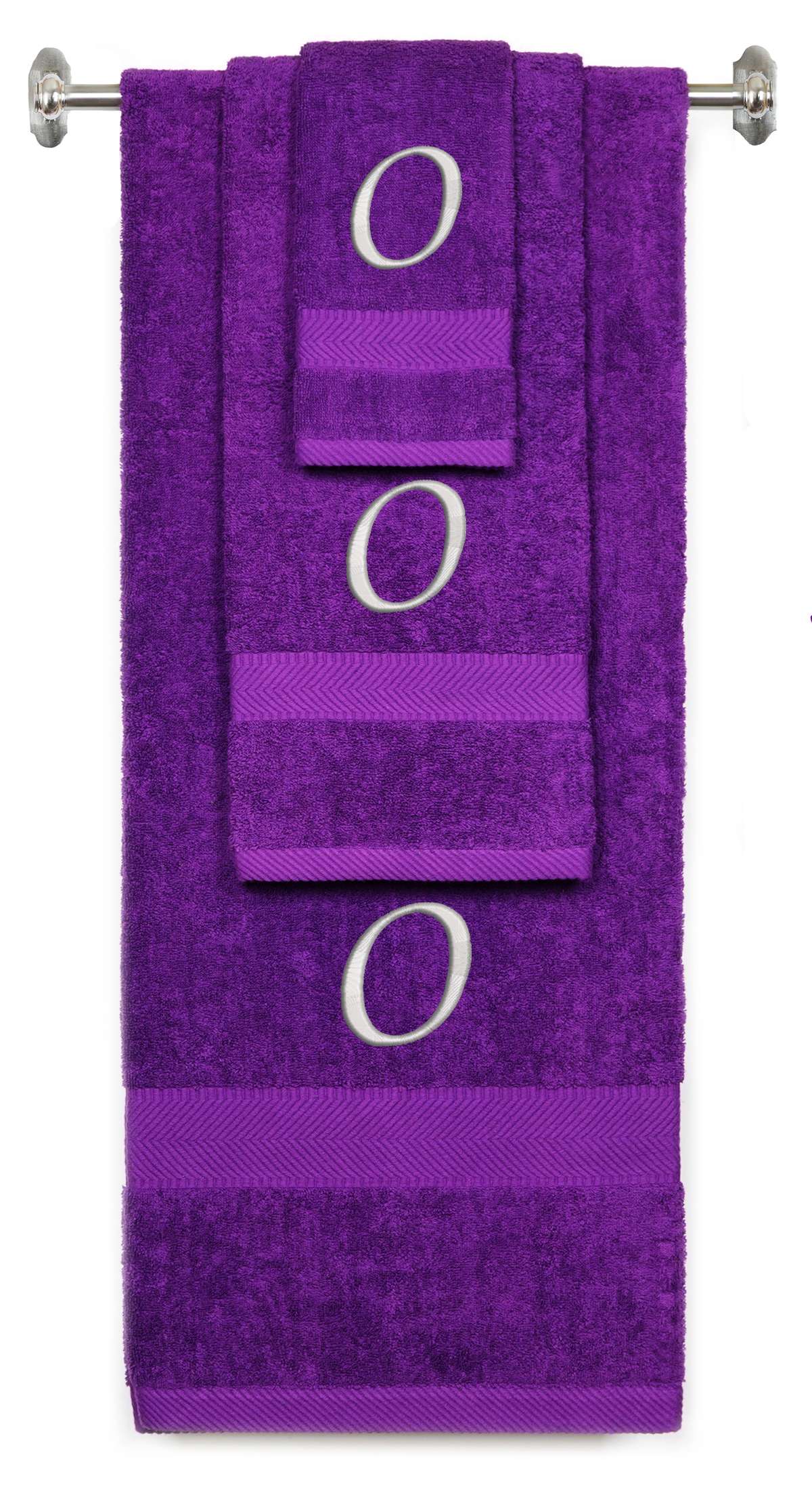 Purple monogrammed towel set with Silver thread, Chancery font, initial O - 540 GSM cotton 3-piece
